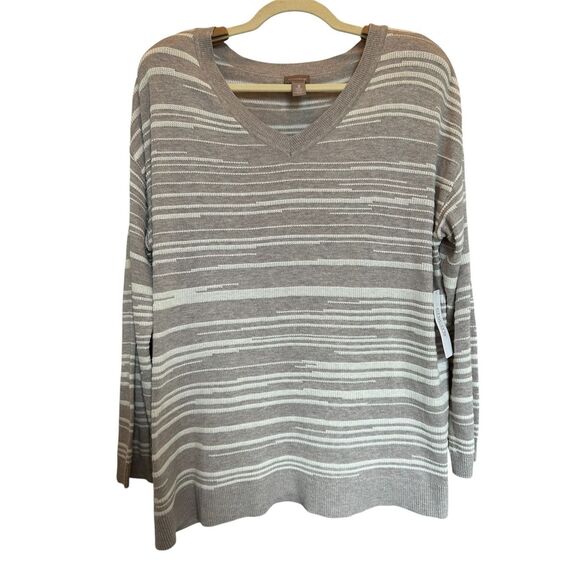 Chico’s Women’s Sweater Striped V-Neck Pullover Size 3 (XL/XXL) Gray Neutral New - Picture 1 of 12
